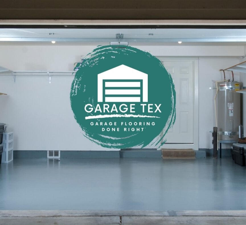 Garage Tex - Garage Floors Done Right GarageTex.com Logo and Phone Number Graphic over Beautifully Completed Epoxy Floor Coating Project